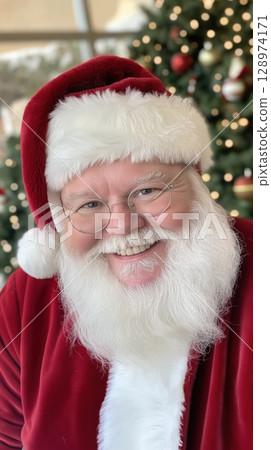 Santa Claus smiling in front of christmas tree with fairy lights 128974171