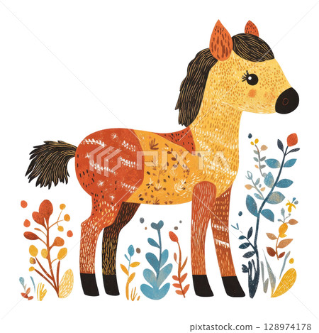 Colorful folk art foal standing in a field of flowers with transparent background 128974178