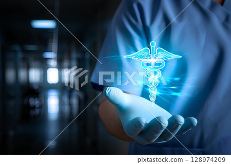 Medical professional holding glowing caduceus symbol, healthcare and medicine concept illustration 128974209