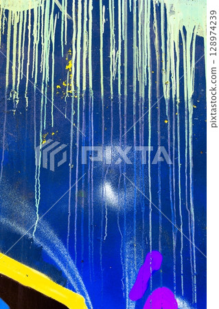 Abstract Drip Paint Design in Vibrant Blue, Yellow, Purple with 80s Pop Art Vibe Abstract Drip Paint Design in Vibrant Blue, Yellow, Purple with 80s Pop Art Vibe 128974239