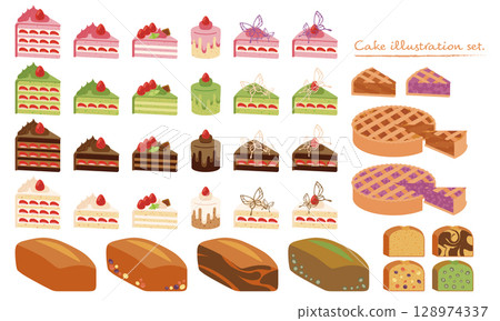 簡單的蛋糕和烘焙食品向量插圖集 128974337