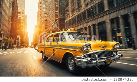 A classic yellow taxi cab driving through a busy downtown street with skyscrapers 128974353