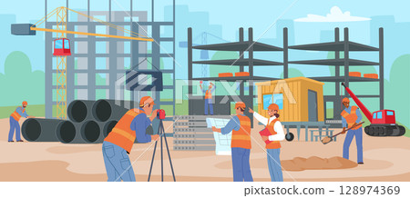 Construction site cartoon scene with industrial engineers, foremen providing building work process 128974369