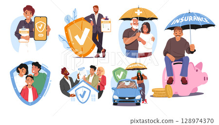 Financial advisor offering medical policy, insurance and assurance services for people cartoon set Financial advisor offering medical policy, insurance and assurance services for people cartoon set 128974370