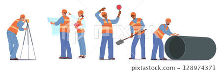 Construction site workers cartoon characters with hard hats helmets and tools in different poses set 128974371