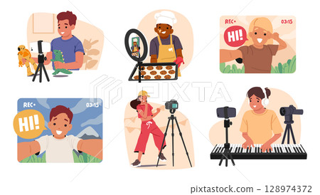 Kids blogger shooting video of travelling, cooking, playing games, sports training, music lesson set 128974372