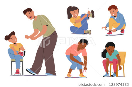 Cute funny children learning to tie laces on sneakers footwear isolated set on white background Cute funny children learning to tie laces on sneakers footwear isolated set on white background 128974383
