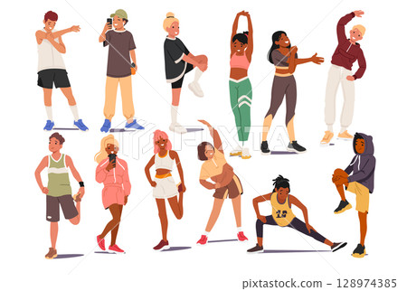 Teenage girls and boys cartoon character enjoying sport training fitness active recreation set Teenage girls and boys cartoon character enjoying sport training fitness active recreation set 128974385