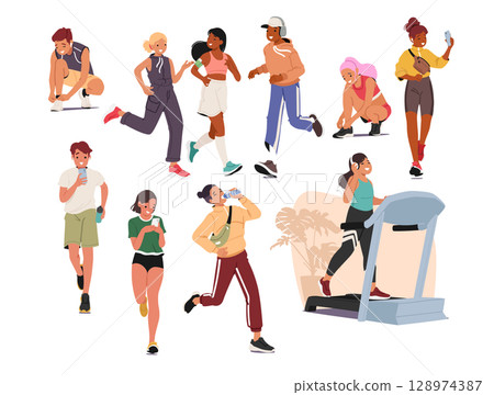 Boys and girls teenager cartoon characters tying shoes before running, enjoying jogging training set Boys and girls teenager cartoon characters tying shoes before running, enjoying jogging training set 128974387