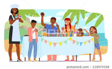 Catering service for children party event cartoon scene with happy kids, catered table and waitress Catering service for children party event cartoon scene with happy kids, catered table and waitress 128974388