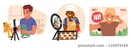 Happy creative kids influencers making vlog shooting video content for followers isolated scene set 128974389