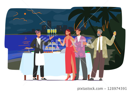 Catering service cartoon scene with corporate event, wedding or engagement beach party celebration 128974391