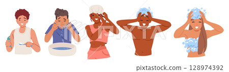 Happy teenagers cartoon characters bushing teeth, washing face and taking shower isolated set Happy teenagers cartoon characters bushing teeth, washing face and taking shower isolated set 128974392