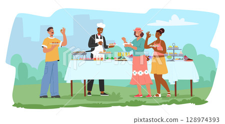 Professional catering service of outdoor buffet in public park cartoon scene with happy guests Professional catering service of outdoor buffet in public park cartoon scene with happy guests 128974393