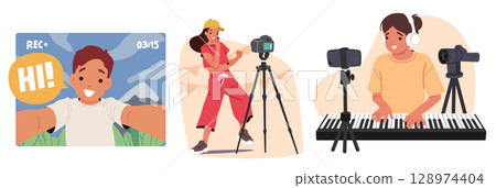 Excited experienced kids bloggers shooting sport training and music lesson tutorial, travel video Excited experienced kids bloggers shooting sport training and music lesson tutorial, travel video 128974404