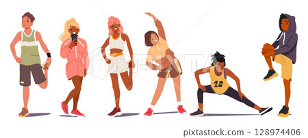 Young cool girl and boy cartoon teenager characters wearing sportive clothing isolated set on white 128974406