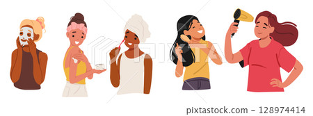 Happy pretty girl teenagers cartoon characters enjoying beauty procedure for wellness isolated set 128974414