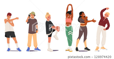 Boys and girls teenager cartoon characters doing sports for wellness enjoying active pastime set 128974420