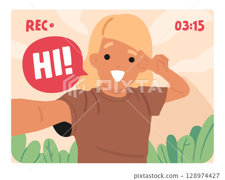 Girl blogger recording travel video by selfie camera broadcasting happy emotions and satisfaction 128974427