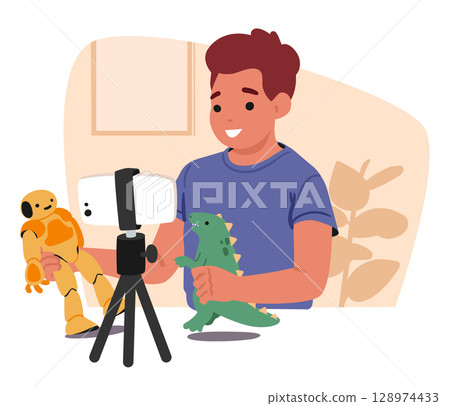 Preteen boy blogger shooting video for followers while playing toys game using mobile phone camera Preteen boy blogger shooting video for followers while playing toys game using mobile phone camera 128974433