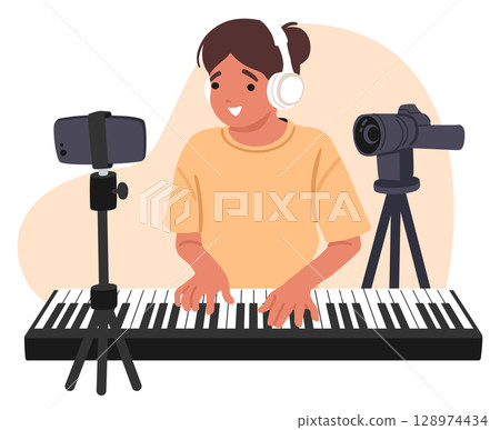 Girl child blogger playing melody on synthesizer shooting video for music blog cartoon scene Girl child blogger playing melody on synthesizer shooting video for music blog cartoon scene 128974434