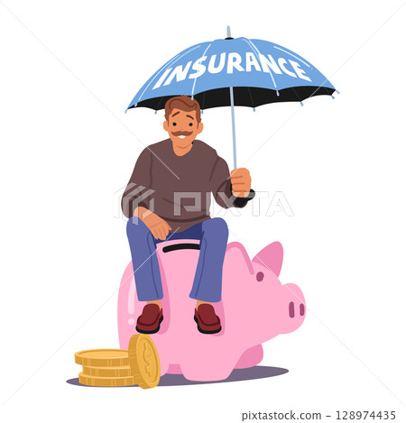 Financial security, savings insurance vector illustration with man holding umbrella on piggy bank Financial security, savings insurance vector illustration with man holding umbrella on piggy bank 128974435