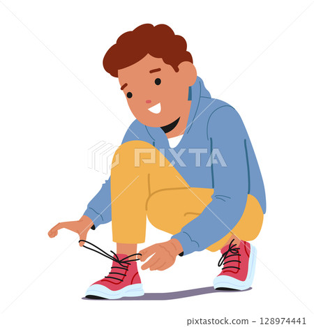 Happy boy child cartoon character successfully tying shoelaces on sneakers isolated on white 128974441