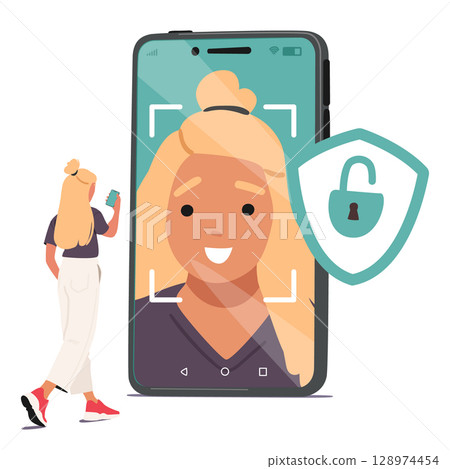 Teenage girl unlocking mobile phone with smart face ID system cartoon vector illustration scene 128974454