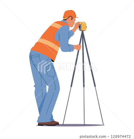 Surveyor engineer using laser level equipment on tripod to make measurement at construction site Surveyor engineer using laser level equipment on tripod to make measurement at construction site 128974472