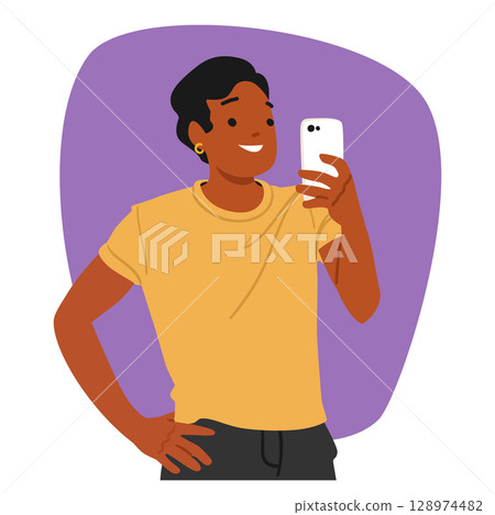 Young trendy fashion guy cartoon character using mobile phone for nice communication with friends 128974482