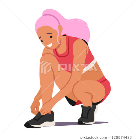 Trendy fashion teenage girl cartoon character tying shoelaces getting ready for running workout Trendy fashion teenage girl cartoon character tying shoelaces getting ready for running workout 128974483