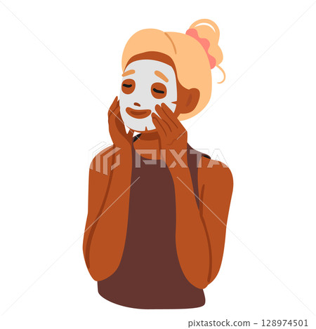 Pretty teenage girl cartoon character applying cosmetics facial mask for skincare isolated portrait 128974501