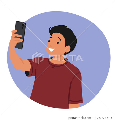Preteen boy child cartoon character holding mobile phone in hands looking at digital screen Preteen boy child cartoon character holding mobile phone in hands looking at digital screen 128974503