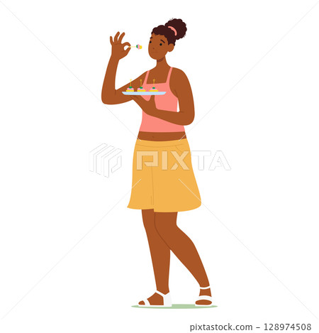 Young woman cartoon character eating tasty appetizer food vector illustration isolated on white 128974508