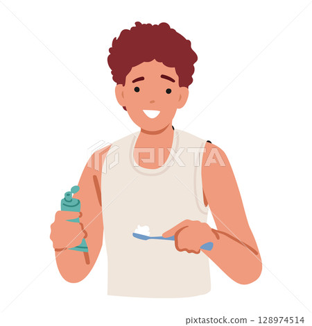 Happy smiling teenage boy cartoon character brushing teeth experiencing morning hygiene procedure 128974514