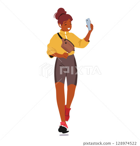 Teenage girl jogger cartoon character shooting training on mobile camera isolated on white Teenage girl jogger cartoon character shooting training on mobile camera isolated on white 128974522