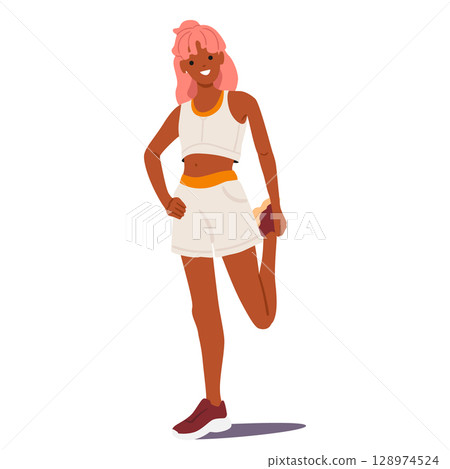 Teenage girl cartoon character with pink hair in sportive clothing stretching legs before jogging Teenage girl cartoon character with pink hair in sportive clothing stretching legs before jogging 128974524