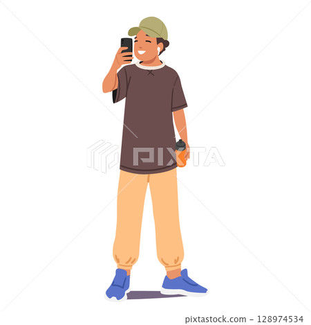 Teenage boy cartoon character shooting video by phone camera sharing results of his training Teenage boy cartoon character shooting video by phone camera sharing results of his training 128974534