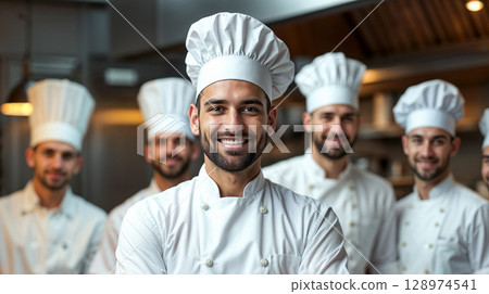 Close-up portrait of a group of professional chefs in clean white uniforms and tall chef hats 128974541