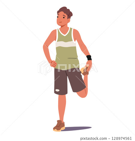 Concentrated teenage boy cartoon character stretching leg warming up before jogging sport training Concentrated teenage boy cartoon character stretching leg warming up before jogging sport training 128974561