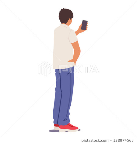Teenage boy cartoon character using mobile phone standing backside isolated on white background 128974563