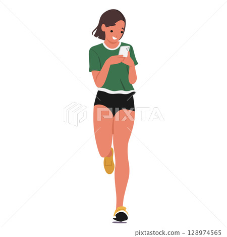 Teenager girl cartoon character with smartphone jogging photographing her own sportive challenge 128974565
