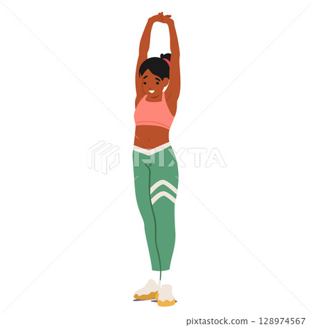 Sporty teenager girl cartoon character warming up doing stretching exercise for good posture 128974567