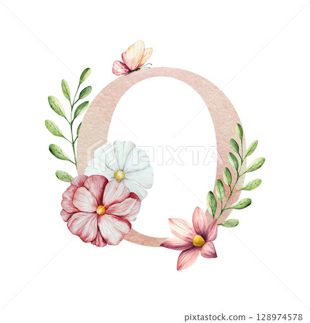 Watercolor letter O with floral ornament and soft foliage, gerbera, chamomile, echinacea. Delicate hand drawn alphabet, butterfly and botanical elements in elegant. Transparent PNG, perfect for Watercolor letter O with floral ornament and soft foliage, gerbera, chamomile, echinacea. Delicate hand drawn alphabet, butterfly and botanical elements in elegant. Transparent PNG, perfect for 128974578