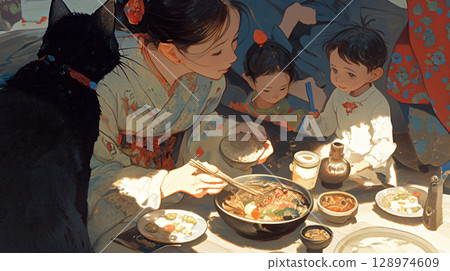 A gentle landscape illustration painted in watercolors of a family enjoying lunch as the sunlight filtering through the trees beautifully. 128974609