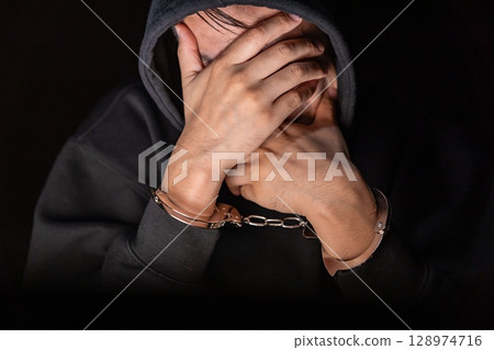 Criminal handcuffs interrogation 128974716