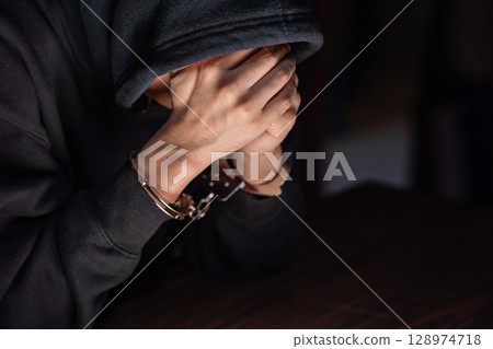 Criminal handcuffs interrogation Criminal handcuffs interrogation 128974718