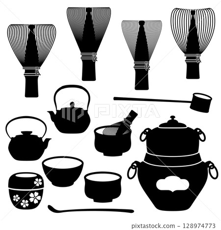 A collection of simple silhouettes of tea ceremony utensils, 128974773