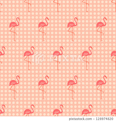 Flamingos vector seamless pattern. Tropical flamingo birds on pink dotted background. Minimalist monochrome retro summer surface design. Exotic wildlife repeat tile for fabrics, fashion, wrapping 128974820
