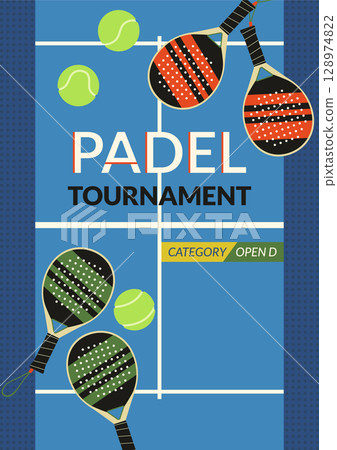 Padel tournament vector banner. Padel rackets and balls illustrations on blue court background with copy space. Open D category competition. Modern team racket game vertical flyer template design 128974822